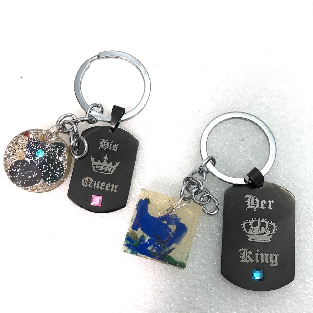 Keychain His Queen Her King pieces with handmade charms